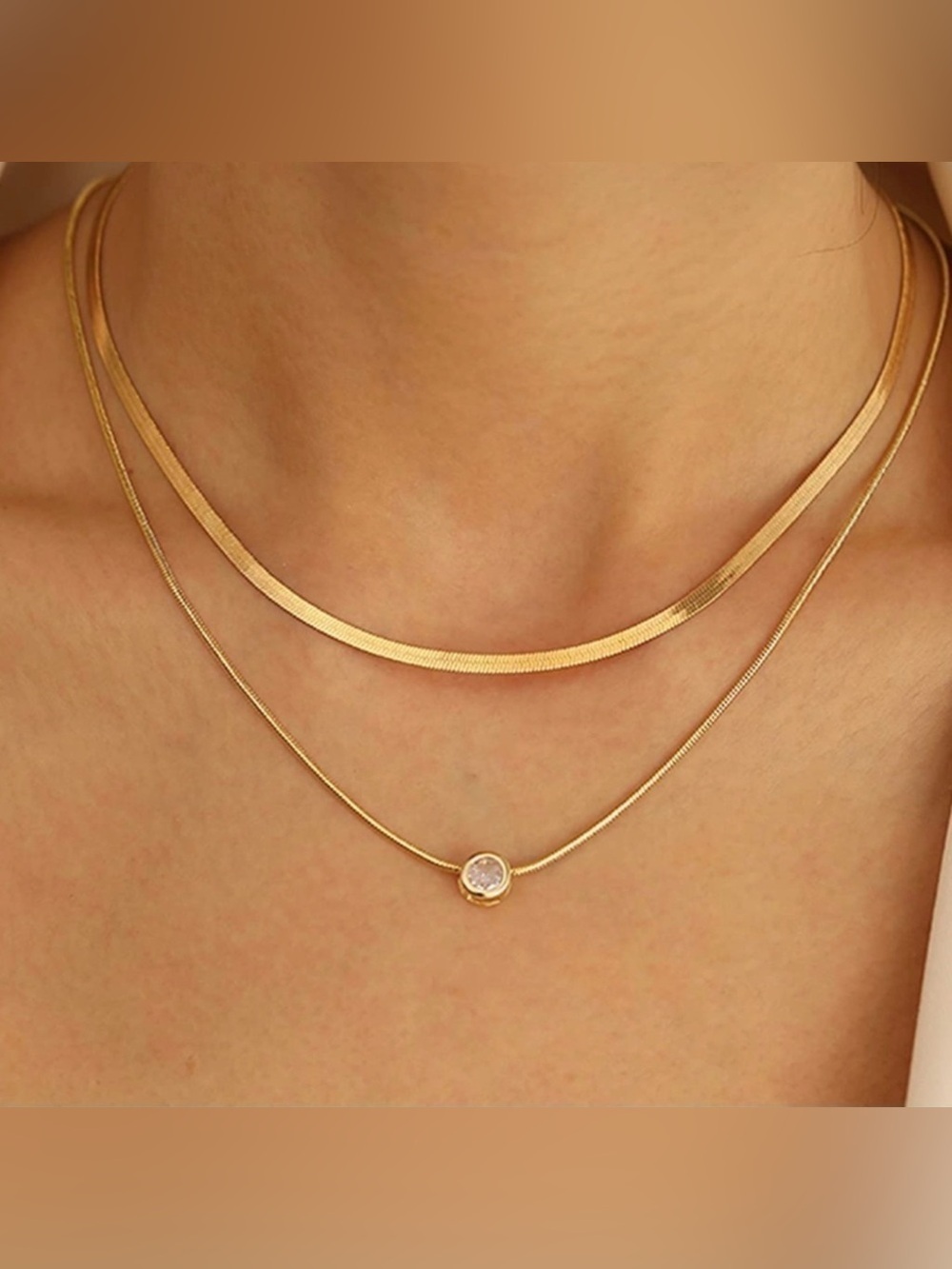 14k Gold Plated 2pc Herringbone CZ Necklace Set